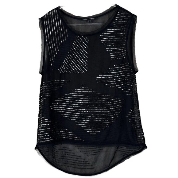 W118 Walter Baker Beaded Metallic Sheer Frayed Hem Tank Top Black Silver Size M - Picture 1 of 11